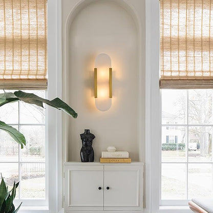 Fanyank-13.8in Alabaster Wall Sconce,Natural Marble Wall Lighting，Gold Wall Light Fixtures for Bedroom Stairs, Living Room, Vanity, Hallway Bedside(Bulb Included)