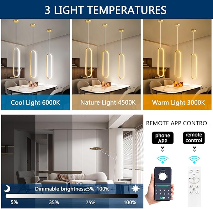 Ring Chandelier Modern LED Dimmable Pendant Lighting Adjust Ceiling Light for Kitchen Island Foyer Lobby Living Room Staircaes Gold