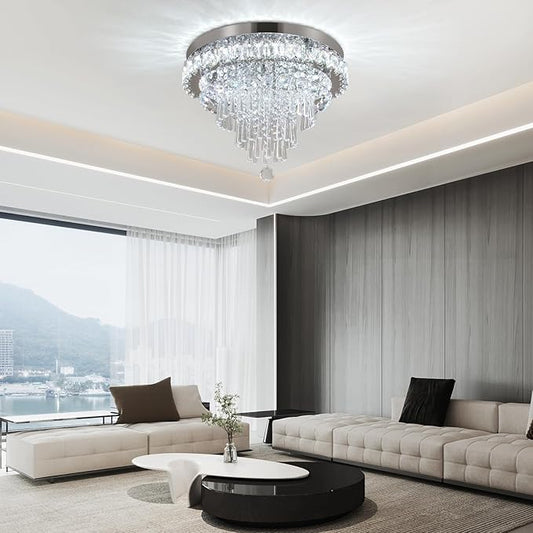 FRIXCHUR 17.7" LED Crystal Chandelier Modern Crystal Ceiling Light Fixture Large Flush Mount Chandeliers Ceiling Lighting for Living Room Bedroom Kitchen (6500K Cool White)