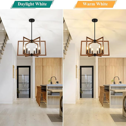 6-Light Wood Grain Chandelier, Farmhouse Dining Room Light Fixture, Modern Chandelier, Geometric Industrial Metal Hang Lighting Fixture for Foyer Entryway Kitchen Over Table Hallway Living Room