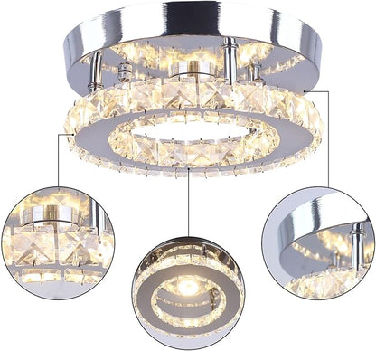 Modern Mini Led Chandelier Semi Flush Mount Crystal Lighting Ceiling Crystal Lamp for Bedrooms Dinning Rooms Hallway(Round Warm White)