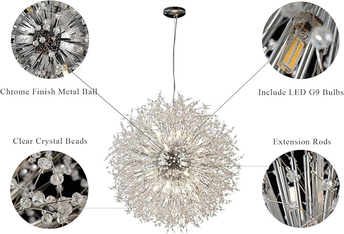 Modern Dandelion Chandeliers 16-Light, Sputnik Crystal Hanging Lamp, Large Chrome Lighting, Round Firework Pendant Light for Kitchen Island Farmhouse Bedroom Living Room (Chrome, D31.4inch)