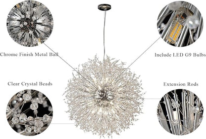 Modern Dandelion Chandeliers 16-Light, Sputnik Crystal Hanging Lamp, Large Chrome Lighting, Round Firework Pendant Light for Kitchen Island Farmhouse Bedroom Living Room (Chrome, D31.4inch)