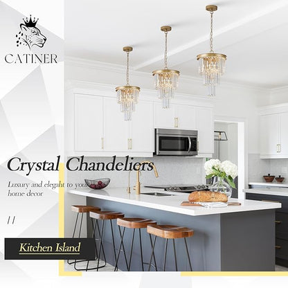 Modern Crystal Pendant Light for Kitchen Island, Mini Gold Crystal Light Fixture Luxury for Dining Room, K9 Ceiling Pendant Light 3 Tiers for Hallway Bedroom Closet