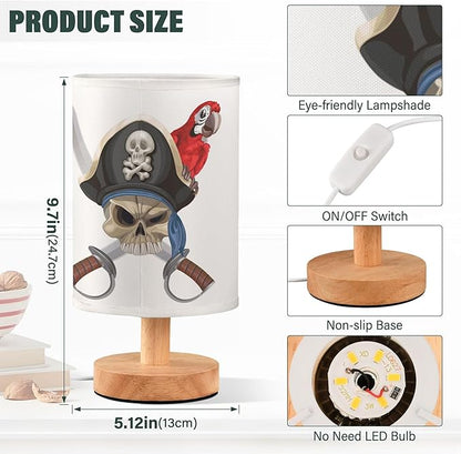 Table Lamp Pirate Skull with Sword Red Parrot Nightstand Lamp with Wood Base Fabric Lamp Shade Bedside Desk Lamp for Living Room Bedroom Kids Room Office
