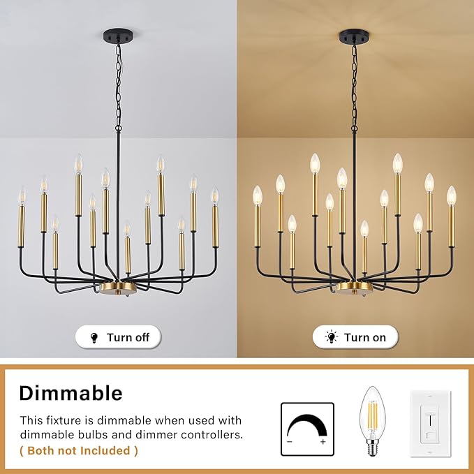 12-Light Black and Gold Chandelier, Modern Farmhouse Chandelier for Dining Room Hanging Lighting Fixture, Metal Candle Chandelier with Chain for Living Room, Kitchen, Entryway, Foyer, Stairs