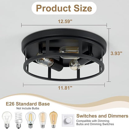 2 Pack Farmhouse Flush Mount Ceiling Lights,3-Light Black Hallway Light fixtures,Rustic Semi Flush Mount Lighting for Kitchen Dining Room Entryway Hall,E26 Base