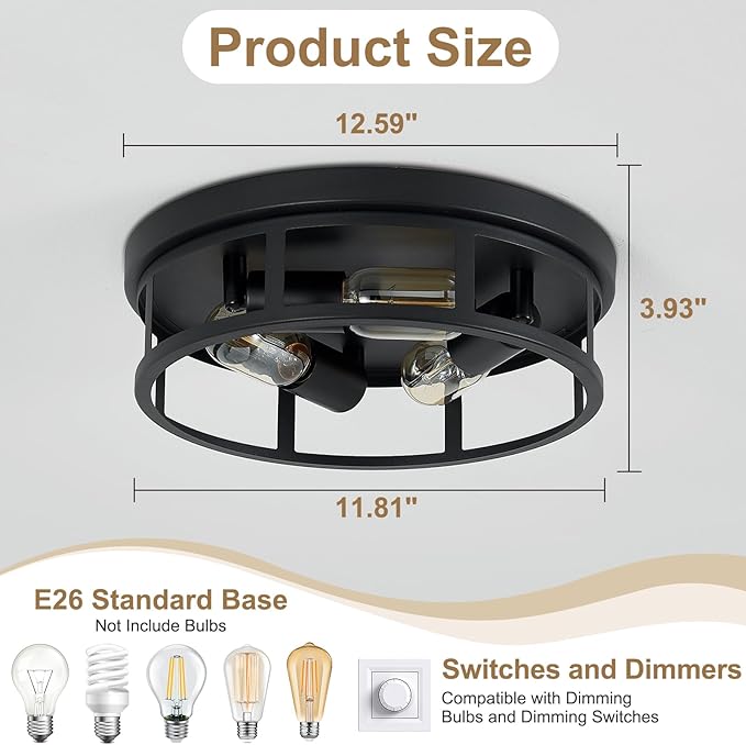 Farmhouse Flush Mount Ceiling Lights,3-Light Black Hallway Light Fixtures,Rustic Flush Mount Ceiling Light Fixture for Kitchen Dining Room Entryway Hall,E26 Base