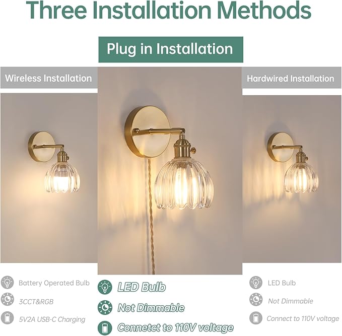 Shenmoyl Plug in Wall Sconce, Transparent Tulip Glass Lampshade Wall Light Plugin Corded for Bedside Bedroom Doorway