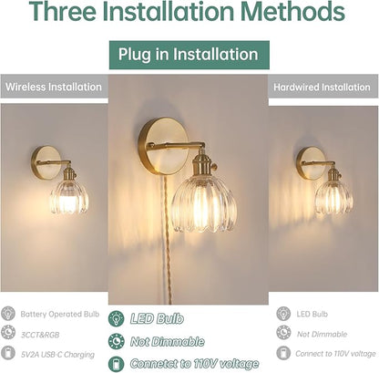 Shenmoyl Plug in Wall Sconce, Transparent Tulip Glass Lampshade Wall Light Plugin Corded for Bedside Bedroom Doorway, 2 Pack