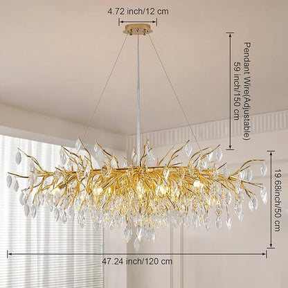 Crystal Chandeliers for Dining Room, L47.2 Gold Tree Branch Rectangular Chandelier, Dining Room Light Fixture 13-Light High Ceiling Lights, Modern Chandeliers for Foyer, Living Room