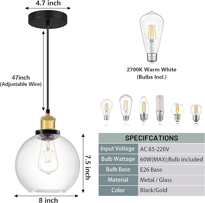 Bagood Globe Pendant Lighting with Clear Glass Gold and Black Light Fixture Globe Pendant Lighting Mid Century Modern Hanging Light Fixture for Sink Bathroom Entryway Kitchen Island (Bulb Incl.)