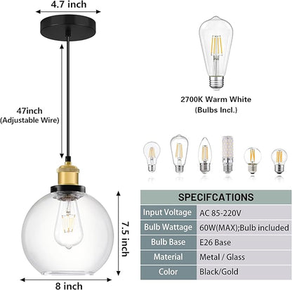 Bagood Globe Pendant Lighting with Clear Glass Gold and Black Light Fixture Globe Pendant Lighting Mid Century Modern Hanging Light Fixture for Sink Bathroom Entryway Kitchen Island (Bulb Incl.)