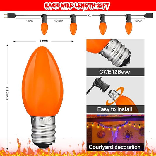 GOOTHY C7 LED Outdoor Halloween Lights 25Ft Orange Halloween Decoration String Lights with 27 Shatterproof Orange LED Bulbs, Hanging Outdoor Patio Lights for Christmas Party Patio Wedding Holiday