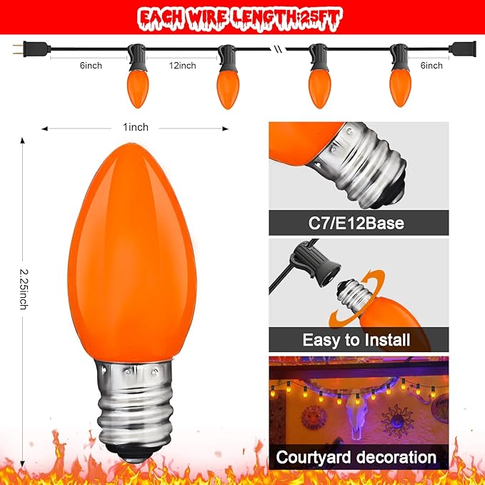 Abeja C7 Orange LED String Lights 25Ft Outdoor Orange String Lights with 27 Ceramic Orange Bulbs (2 Spare), Hanging Halloween Decorations Lights for Home Yard Camper Party Lights