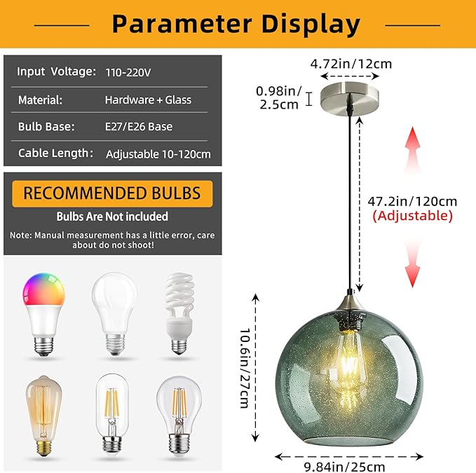 Modern 3-Pack Glass Globe Pendant Lights, Gray Green Modern Pendant Lighting for Kitchen Island, Glass Hanging Lamps for Dining Room Living Room Bedroom, Large 9.85 Inch Fixture (Bulbs Not Included)