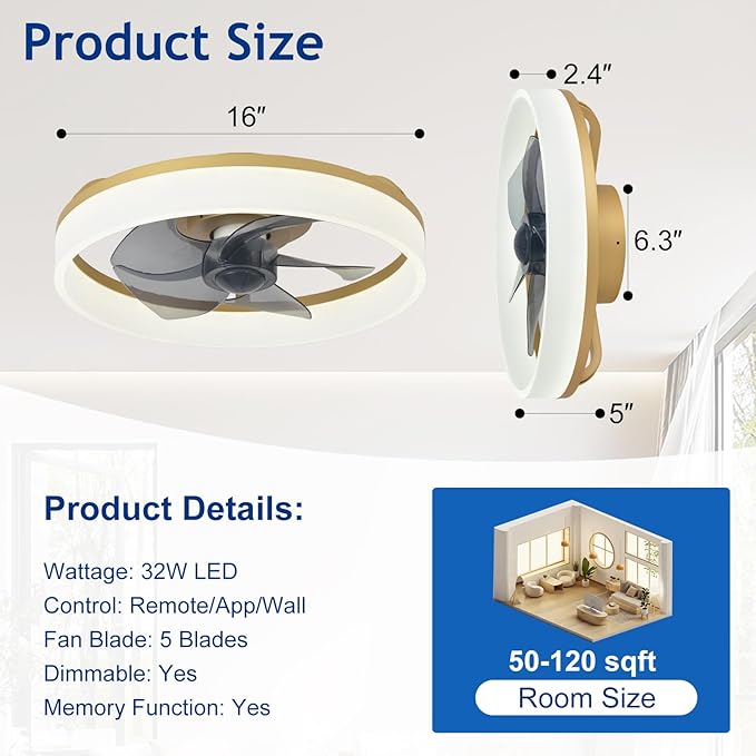DLLT LED Ceiling Fan with Light: 16" Modern Low Profile Flush Mount Fandelier with App & Remote Control - Dimmable Gold Bladeless Fan Light Fixture for Bedroom Kids Room Living Room