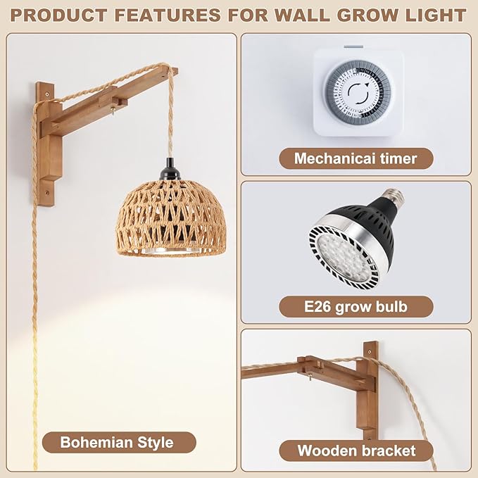 Hanging Grow Light for Indoor Plants, 30W Full Spectrum 4000K Wall-Mounted LED Plant Light with 15FT Plug-in Cord and Timer, Ideal for Tall Floor Plants & Large Houseplants