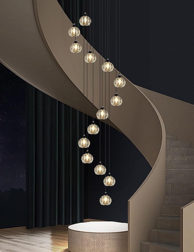 Weesalife Crystal Chandeliers for Staircases, 14-Light Black Modern Chandeliers for High Ceilings，Crystal Pendant Light Fixture for Living Room Kitchen Island Foyer Hallway Bar
