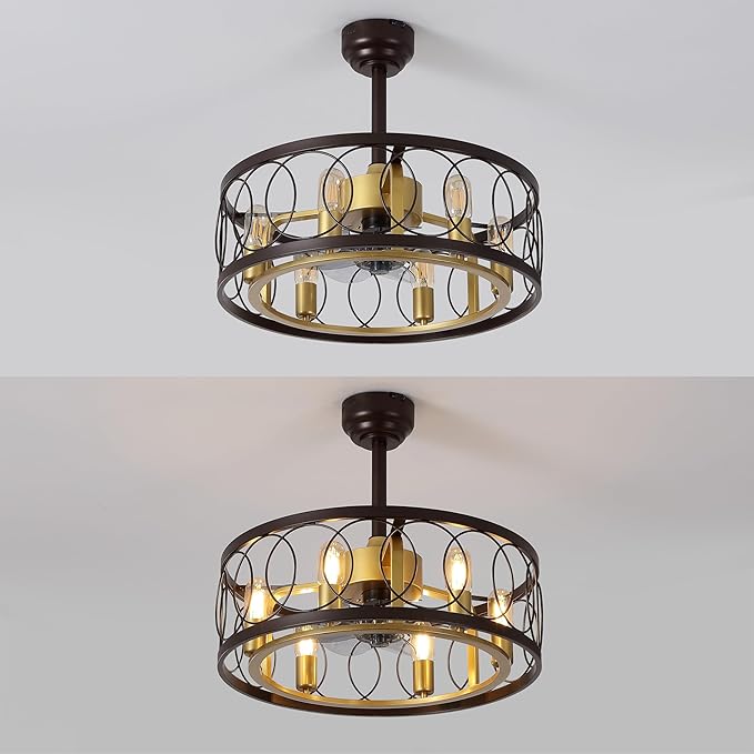 JONATHAN Y 21.6" Oil Rubbed Bronze/Gold Painting Caged Ceiling Fan with Lights, 6-Speed Industrial Farmhouse Flush Mount Fan with Remote and App Control, Metal Cage Shade, 6 LED Bulbs (JYL9732B)