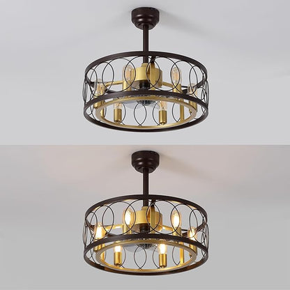 JONATHAN Y 21.6" Oil Rubbed Bronze/Gold Painting Caged Ceiling Fan with Lights, 6-Speed Industrial Farmhouse Flush Mount Fan with Remote and App Control, Metal Cage Shade, 6 LED Bulbs (JYL9732B)
