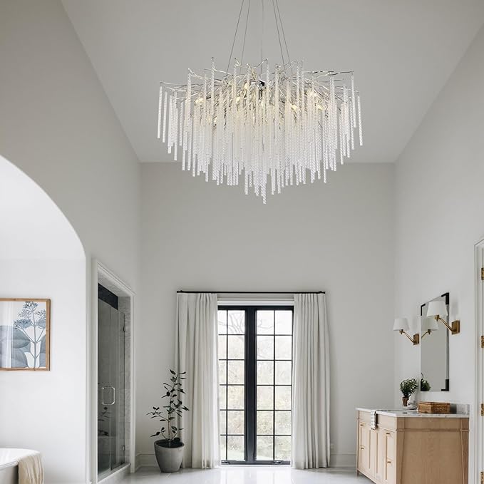 Crystal Chandelier Modern Chandelier Ceiling Light Fixture, 31.5in Waterfall Tree Branch Chandeliers for Dining Room Kitchen Island Living Room Foyer 10-Light (Silver)