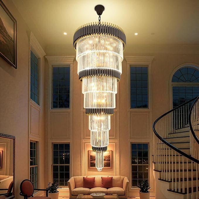 Large 7-Tier Black and Gold Chandelier 94.5" H x 32" W Modern Luxury Long Crystal Chandelier Lighting Fixture for High Ceiling Staircase Foyer Entryway Living Room Villa Hall