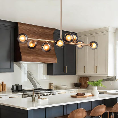 Mid Century Chandelier, Gold Sputnik Pendant Light with Smoky Gray Glass Lampshade,8 Lights Globe Rectangle Linear Chandeliers for Dining Room Kitchen L41INxW10IN
