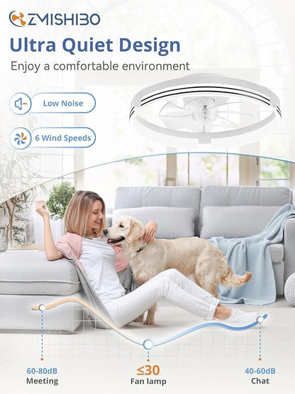 ZMISHIBO Low Profile Ceiling Fans with Lights and Remote, 20 Inch Flush Mount Ceiling Fan with Light, 3000K-6000K Dimmable Fandelier LED Fan Light, 6 Wind Speeds White Ceiling Fans for Bedroom