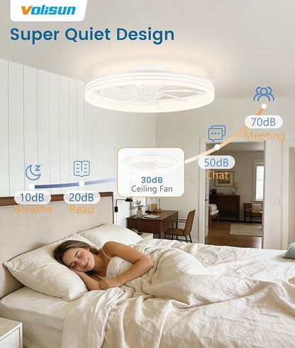 VOLISUN Low Profile Ceiling Fans with Lights and Remote, 24in Flush Mount Ceiling Fan with Light, 3000K-6500K Dimmable Fandelier LED Fan Light, White Bladeless Ceiling Fans with Lights for Bedroom