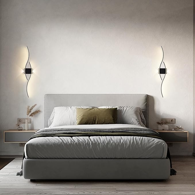 Modern Wall Sconce Set of Two, Dimmable Wall Sconces Lighting with Remote Control, Big Size LED Black Wall Light for Living Room Bedroom Hallway