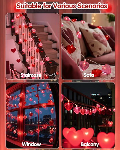 SUNSGNE Heart String Lights, 8.5Ft Valentines Lights with 10 LED Red and Pink Heart Bulbs for Indoor Outdoor Home Room Party Wedding Mother's Day Valentine's Decor