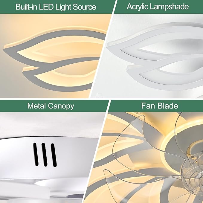 White Flower Modern Ceiling Fans with Lights, Low Profile Ceiling Fan with Remote for Bedroom, Flush Mount Ceiling Fan with LED Dimmable Light,3-Colors, 6-Speeds, Ceiling Fans Light