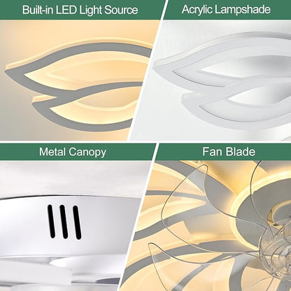 White Flower Modern Ceiling Fans with Lights, Low Profile Ceiling Fan with Remote for Bedroom, Flush Mount Ceiling Fan with LED Dimmable Light,3-Colors, 6-Speeds, Ceiling Fans Light