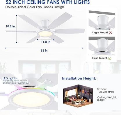 BYKISTOK 55In Flush Mount Ceiling Fan with RGB Light - White Modern Ceiling Fan with 6 Dual-Sided Blades, Reversible DC Motor, Low Profile Fan Light Fixture for Indoor Bedroom, Outdoor Patios