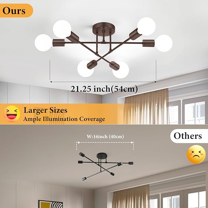 Bosceos Modern Sputnik Chandelier Ceiling Light Fixture 6-Light, Bedroom Light Fixture, Sputnik Lights Fixture for Living Room, Dining Room, Kitchen, Office, Foyer, Hallway (Brown) - E26 Base