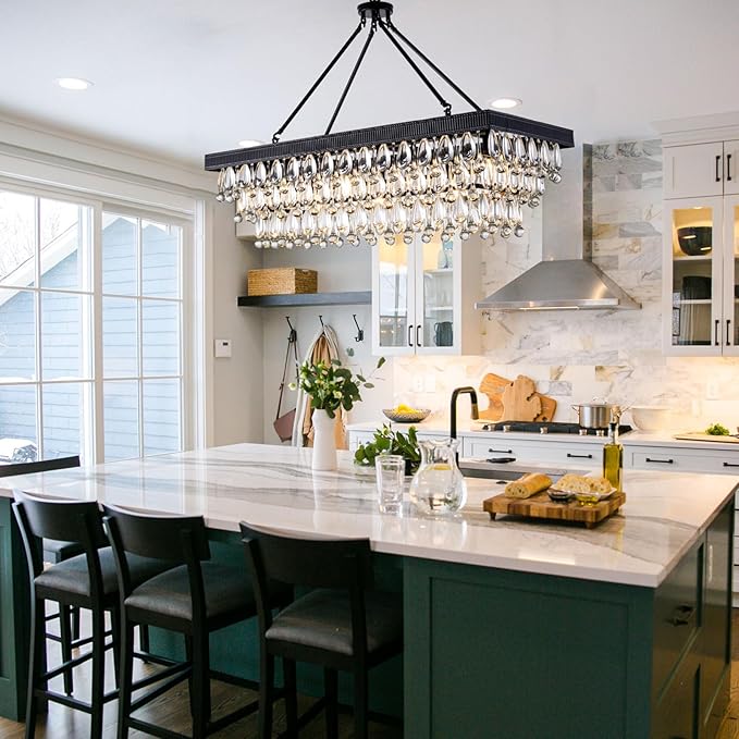 TOCHIC Crystal Dining Room Chandelier Over Table, Black Linear Rectangle Chandeliers, 7 Lights Modern Farmhouse Pool Table Billiard Light Fixture for Kitchen Island, Living Room, Entryway, 38" L