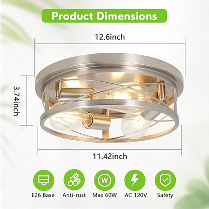 Farmhouse Ceiling Light - Dimmable Rustic Black Flush Mount E26 Industrial Ceiling Modern Led for Hallway Livingroom Kitchen Bedroom (1 Pack - Brushed Nickel, 12 Inch - 3 Lamp Holders)