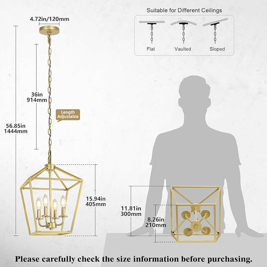 4 Light Gold Chandelier, Industrial Ceiling Light Lantern Light Fixtures with Farmhouse Metal Cage Adjustable Height Rustic Geometric Hanging Light E12 Base for Kitchen Island, Entryway, Indoor