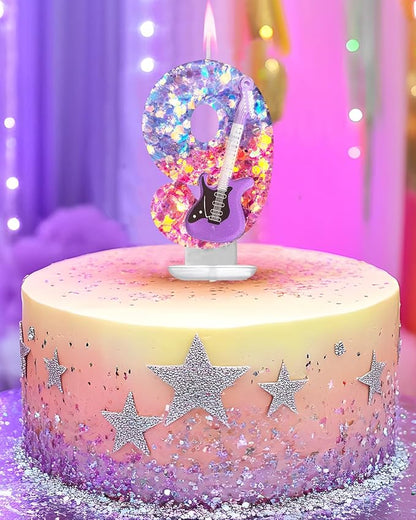 K-Pop Birthday Candle – Purple & Pink Glitter Music Theme Cake Candle with Guitar, Musical Party Decor for Girls, Teens, Kpop Fans (9)