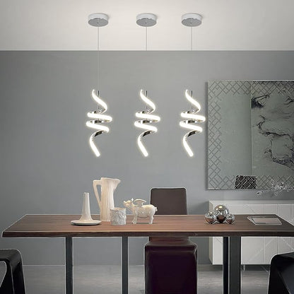Modern Spiral LED Pendant Lights Kitchen Island, 22W Adjustable Height Hanging Light Fixture 5500K Chrome Chandelier for Dining Room Cafe Table, 3 Pack