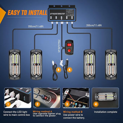 Nilight 4PCS LED Strobe lights 12V Sync Feature Amber White 24LED Emergency Hazard Warning Lights with Controller Hard Wire or Cigarette Lighter Plug for Car Truck RVs Campers