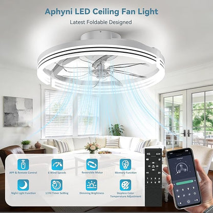 AIKVSXER Ceiling Fans with Lights,20 Inch Low Profile Fandelier with APP Control, Ultra Quiet,3CCT and 6 Wind Speeds for Bedroom, Living Room Modern Flush Mount Fan Light (White, 20inch-Stripe Fold)
