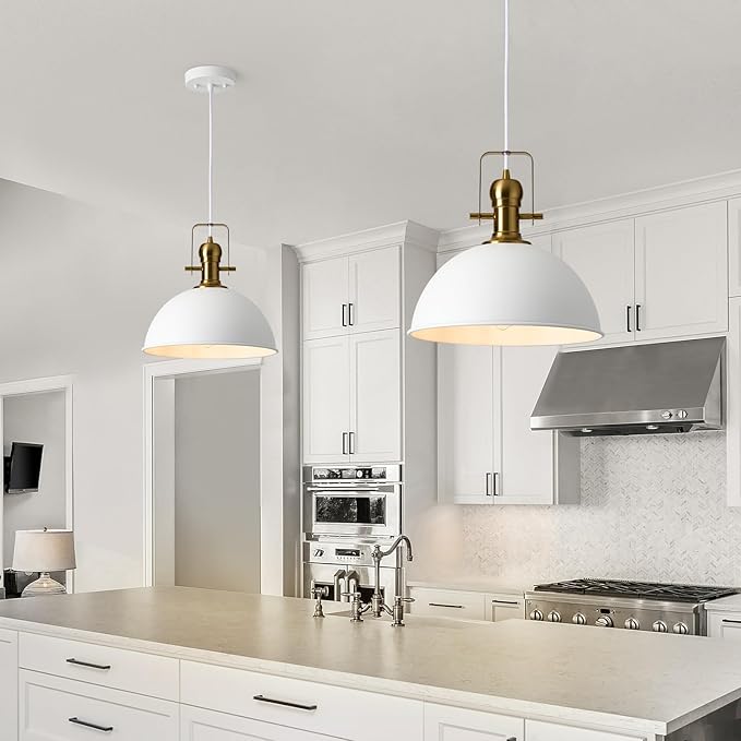 12 Inch Sandy White Farmhouse Pendant Lights for Kitchen Island Industrial Adjustable Height Vintage Dome Hanging Light Fixtures for Barn,Dining Room 1 Pack