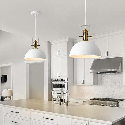12 Inch Sandy White Farmhouse Pendant Lights for Kitchen Island Industrial Adjustable Height Vintage Dome Hanging Light Fixtures for Barn,Dining Room 2 Packs