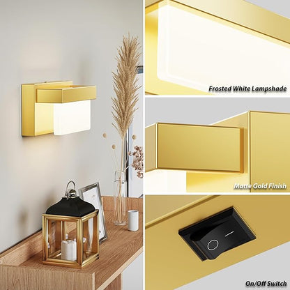 Switched LED Wall Sconce Set of 2, Indoor 8 inch 12 Watt 4000K Wired Gold Wall Mounted Sconce Light with On/Off Switch, Frosted Arcylic Shade Sconces for Bedroom Living Room Bathroom Kitchen Hallway