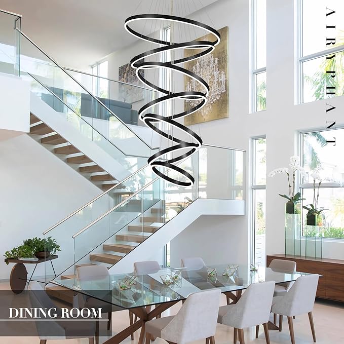 Modern LED Chandelier 7-Ring Chandeliers High Ceiling Black 31" Large Foyer Chandeliers Dimmable Luxury Contemporary Chandelier Light for Living Room Staircase Entryway, 3000K-6500K