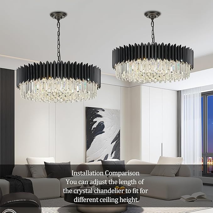 Black Crystal Chandelier 30'' K9 Crystal Round Pendant Lights Adjustable 6-Tier Large Modern Crystal Chandelier Light 12-Lights for Dining Room Living Room Kitchen Foyer Entryway