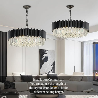 Black Crystal Chandelier 30'' K9 Crystal Round Pendant Lights Adjustable 6-Tier Large Modern Crystal Chandelier Light 12-Lights for Dining Room Living Room Kitchen Foyer Entryway