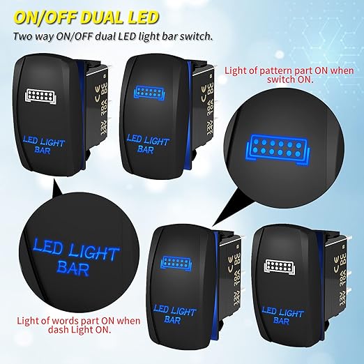 LED Light Bar Switch ON/Off 5 Pin Laser Marine Rocker Switch Waterproof 12V 20A 24V 10A Blue LED Light Bar Toggle Switch with Jumper Wires for Car Boat ATV UTV RZR